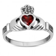 Celtic Claddagh Silver Ring set w Garnet CZ, r446